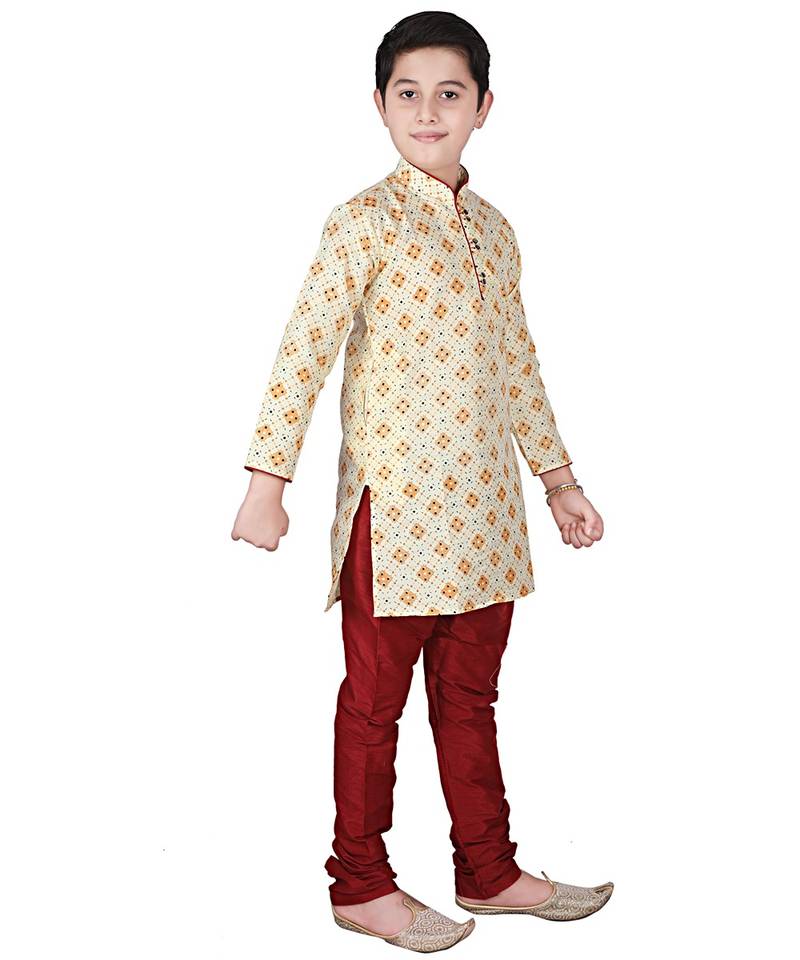 Lemon Printed Silk Boys Kurta Pajama Set