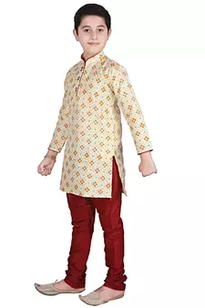 Lemon Printed Silk Boys Kurta Pajama Set