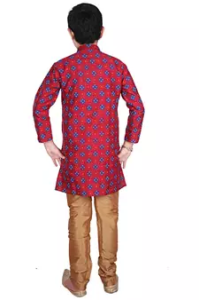 Maroon Printed Silk Boys Kurta Pajama Set