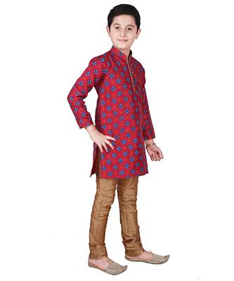 Maroon Printed Silk Boys Kurta Pajama Set 3