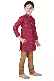 Maroon Printed Silk Boys Kurta Pajama Set