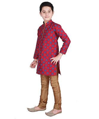 Maroon Printed Silk Boys Kurta Pajama Set 4