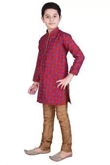 Maroon Printed Silk Boys Kurta Pajama Set