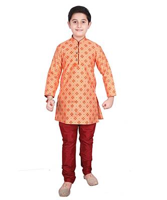 Orange Printed Silk Boys Kurta Pajama Set 1