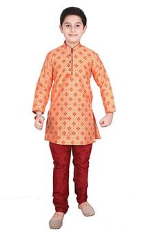 Orange Printed Silk Boys Kurta Pajama Set