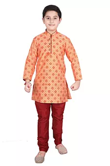 Orange Printed Silk Boys Kurta Pajama Set