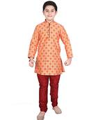 Orange Printed Silk Boys Kurta Pajama Set