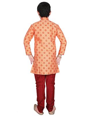 Orange Printed Silk Boys Kurta Pajama Set 2