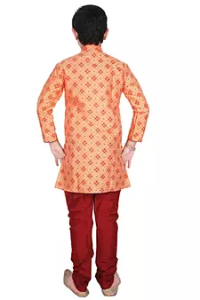 Orange Printed Silk Boys Kurta Pajama Set