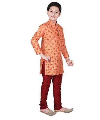 Orange Printed Silk Boys Kurta Pajama Set 3
