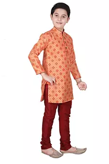 Orange Printed Silk Boys Kurta Pajama Set