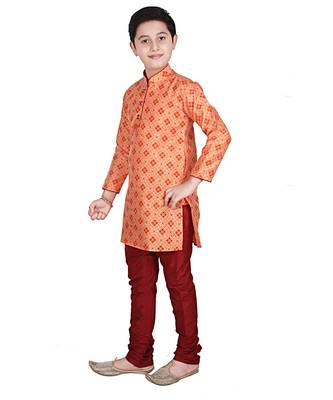 Orange Printed Silk Boys Kurta Pajama Set 4