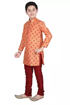 Orange Printed Silk Boys Kurta Pajama Set
