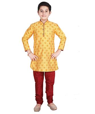 Yellow Printed Silk Boys Kurta Pajama Set 1