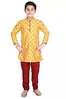 Yellow Printed Silk Boys Kurta Pajama Set