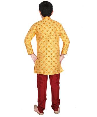 Yellow Printed Silk Boys Kurta Pajama Set 2