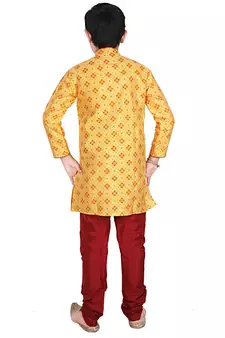 Yellow Printed Silk Boys Kurta Pajama Set