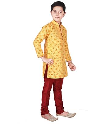 Yellow Printed Silk Boys Kurta Pajama Set 3