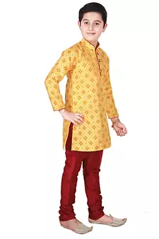 Yellow Printed Silk Boys Kurta Pajama Set