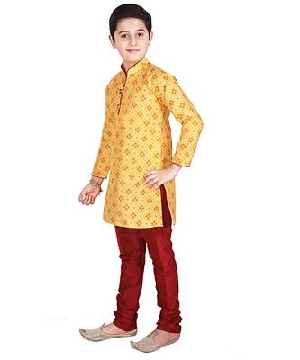 Yellow Printed Silk Boys Kurta Pajama Set 4