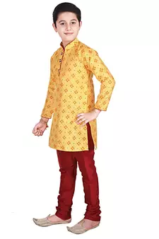 Yellow Printed Silk Boys Kurta Pajama Set