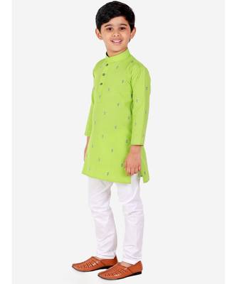 Green Printed Cotton Boys Kurta Pajama Set 2