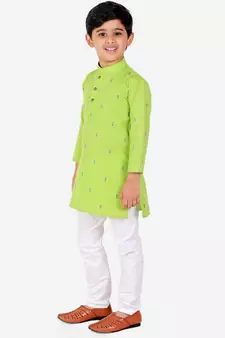 Green Printed Cotton Boys Kurta Pajama Set