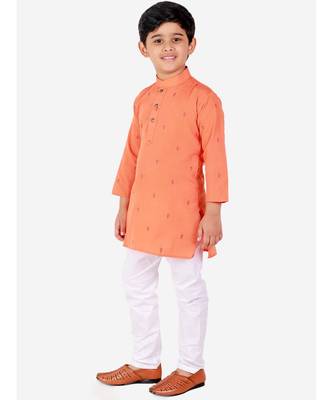 Orange Printed Cotton Boys Kurta Pajama Set 1