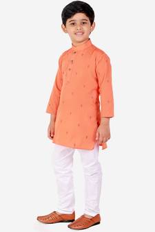 Orange Printed Cotton Boys Kurta Pajama Set