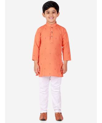 Orange Printed Cotton Boys Kurta Pajama Set 4