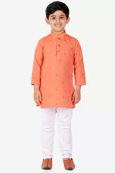 Orange Printed Cotton Boys Kurta Pajama Set