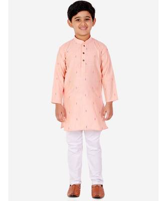 Peach Printed Cotton Boys Kurta Pajama Set 2