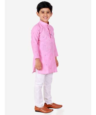 Pink Printed Cotton Boys Kurta Pajama Set 1