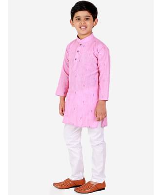Pink Printed Cotton Boys Kurta Pajama Set 3