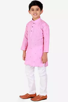 Pink Printed Cotton Boys Kurta Pajama Set