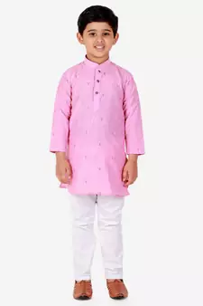 Pink Printed Cotton Boys Kurta Pajama Set