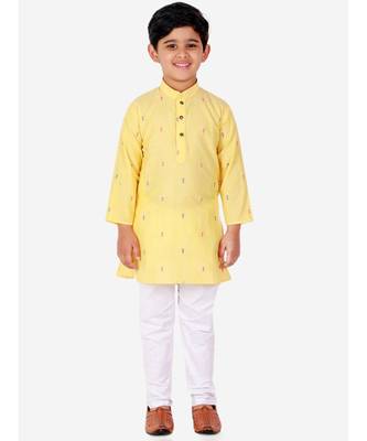 Yellow Printed Cotton Boys Kurta Pajama Set 1