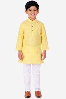 Yellow Printed Cotton Boys Kurta Pajama Set