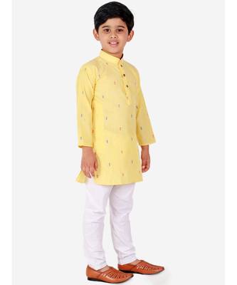 Yellow Printed Cotton Boys Kurta Pajama Set 4