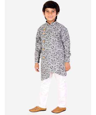 Black Floral Design Cotton Boys Cut Kurta Pajama Set 1