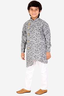 Black Floral Design Cotton Boys Cut Kurta Pajama Set