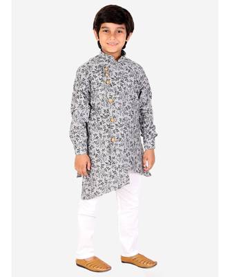 Black Floral Design Cotton Boys Cut Kurta Pajama Set 3