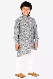 Black Floral Design Cotton Boys Cut Kurta Pajama Set