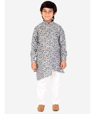 Black Floral Design Cotton Boys Cut Kurta Pajama Set 4