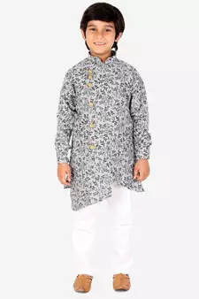 Black Floral Design Cotton Boys Cut Kurta Pajama Set
