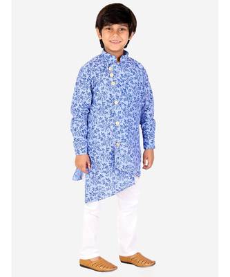 Blue Floral Design Cotton Boys Cut Kurta Pajama Set 1