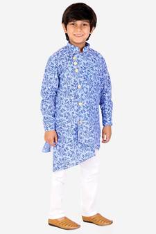 Blue Floral Design Cotton Boys Cut Kurta Pajama Set