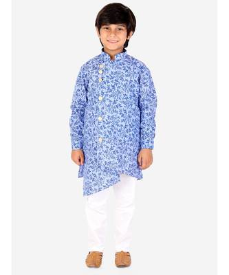 Blue Floral Design Cotton Boys Cut Kurta Pajama Set 2