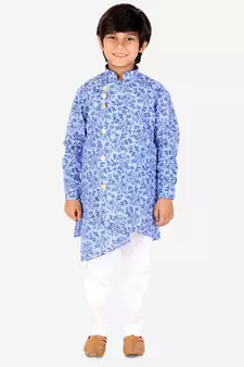 Blue Floral Design Cotton Boys Cut Kurta Pajama Set
