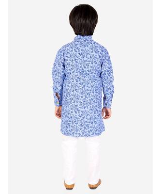 Blue Floral Design Cotton Boys Cut Kurta Pajama Set 4